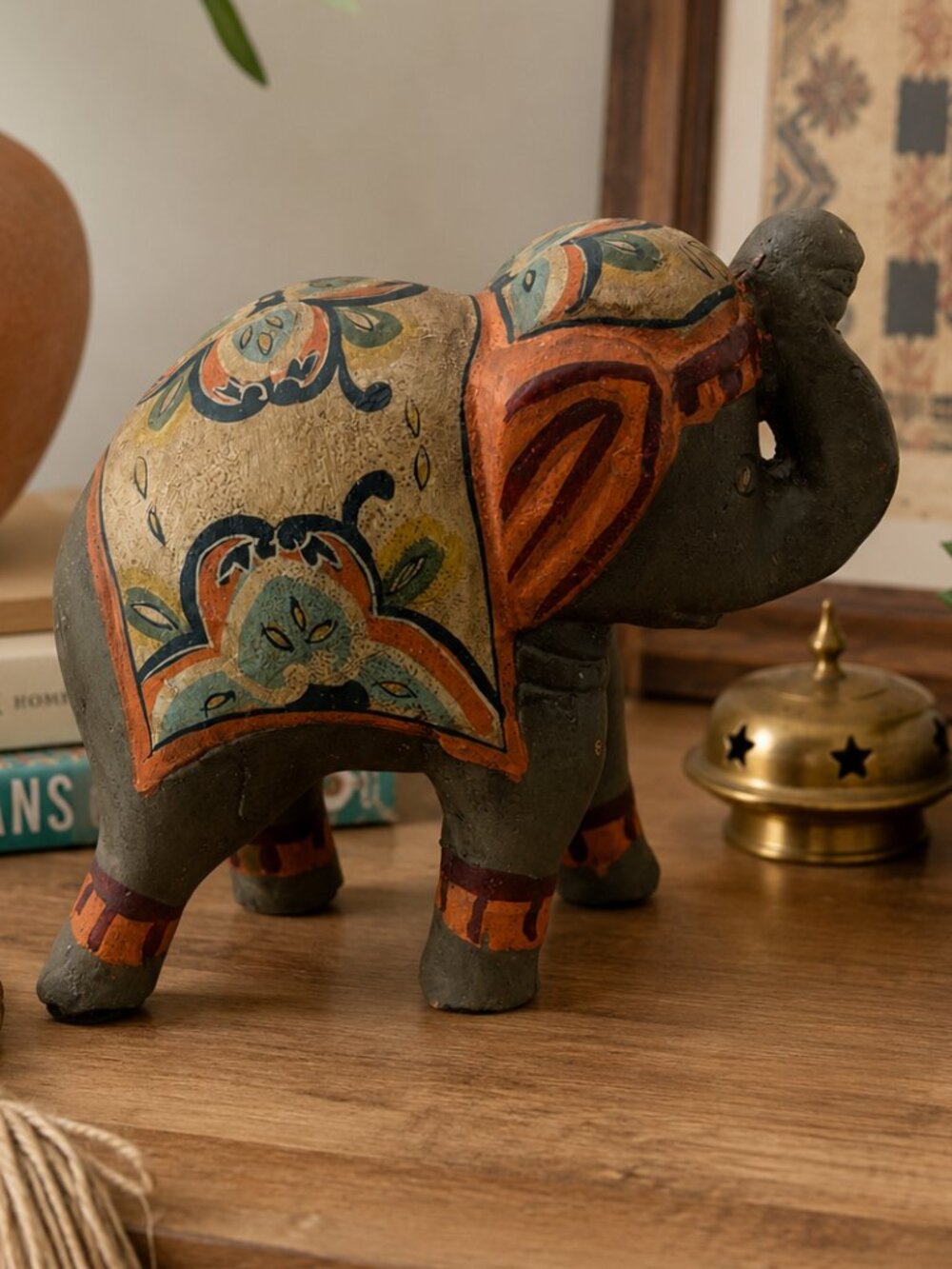 Handmade Earthen Clay Elephant Figurine – Terracotta Trunk Up Sculpture Statue